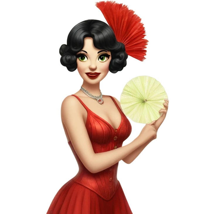 Burlesque dancer with black hair, pale skin, and green eyes in a red vintage costume holding red feather fans emoji