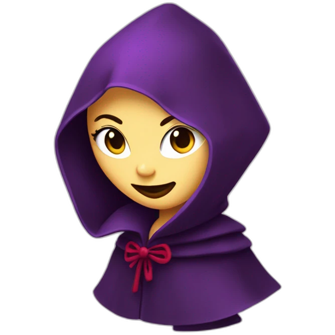 Villainess, purple hodded robe, eyes covered, red lips, wicked grin emoji