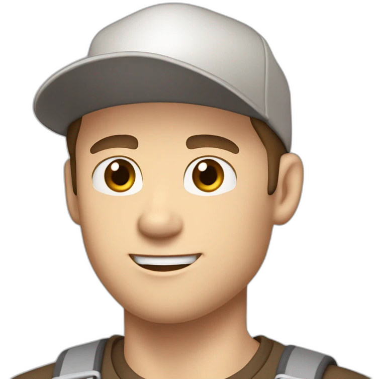 Pale skinned fit Man with dark brown hair in a light gray cap, dark brown jeans, brown polo and white T-shirt keeping a pasted with tape white box into his hands emoji