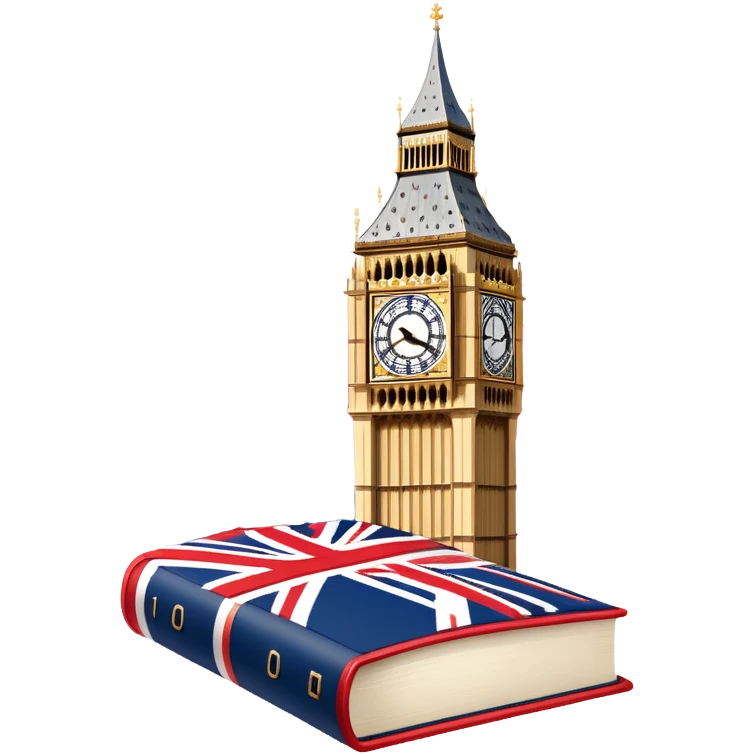 An icon featuring the Big Ben clock tower and the flag of the United Kingdom, symbolizing the English language. The design includes an open book with English words and phrases, representing language learning and cultural exploration. Transparent background  emoji