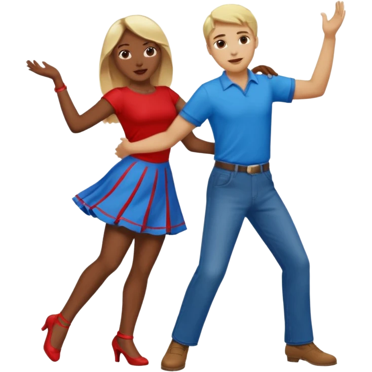 Two people  conservative people dancing. A man wearing red with light skin and blonde hair. A women wearing bue with dark skin and brown hair. emoji