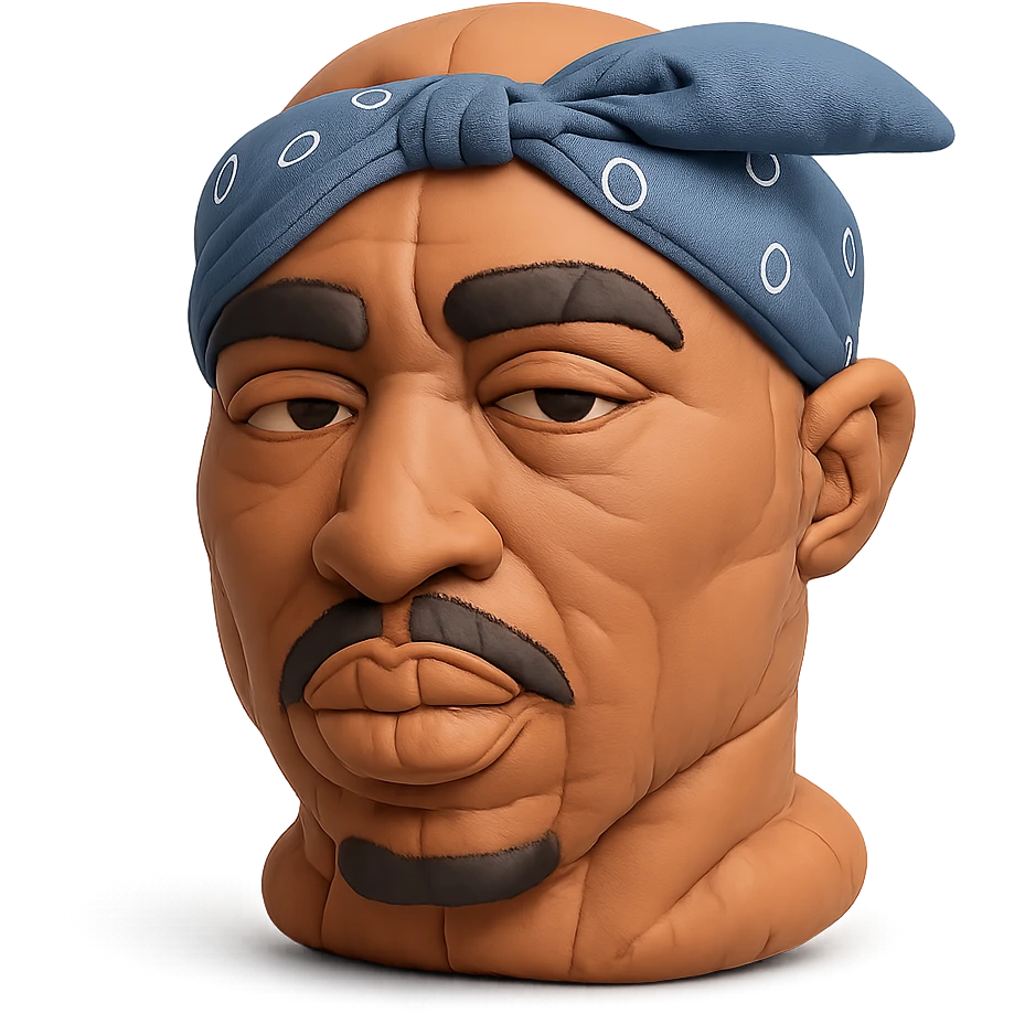 illustration of rapper 2Pac with iconic bandana and confident expression emoji