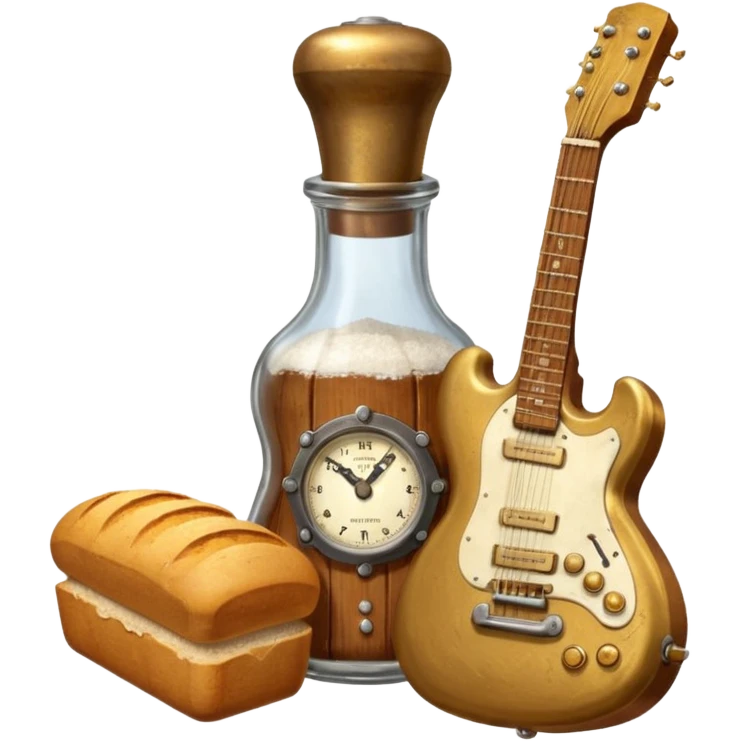 steampunk - a bottle of salt (salt shaker) and a loaf of  bread with a small SG Gibson electric guitar emoji