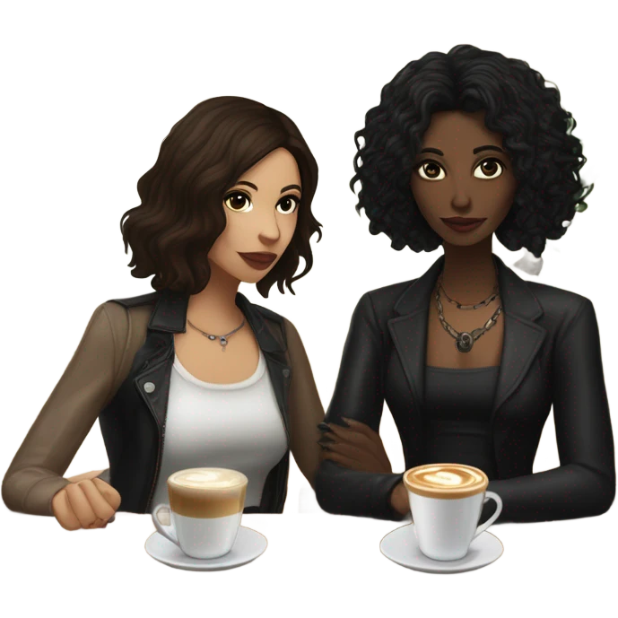 puerto rican woman light skin with shoulder-length, wavy, brown hair drinking latte with Italian goth woman with black, straight hair drinking espresso at table emoji