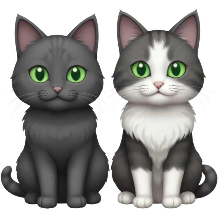 2 different coloured grey cats including one dark grey and white cat and one completely solid dark grey cat with green eyes and only white paws emoji