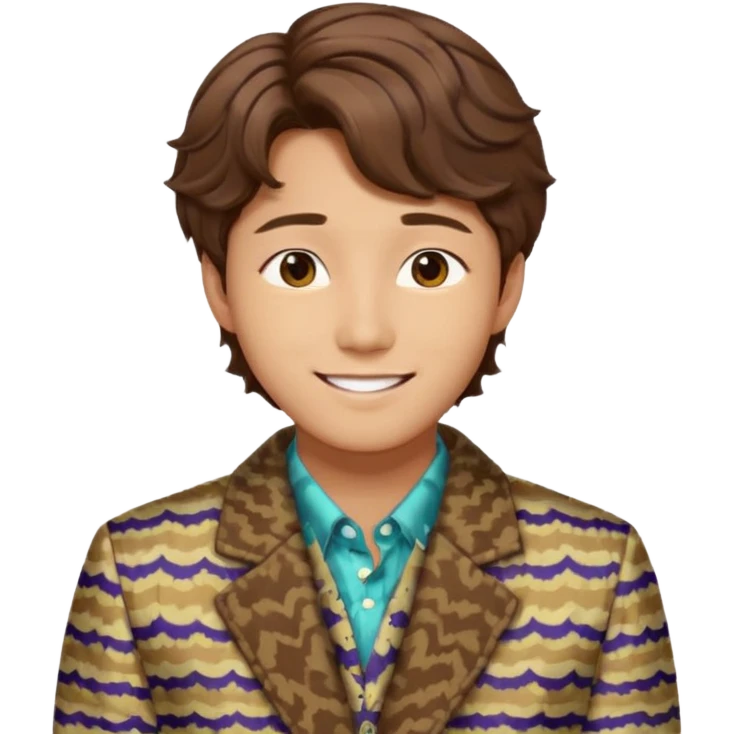 Design a Korean male idol with wavy brown hair, patterned jacket & cheerful smile, inspired by V of BTS. emoji