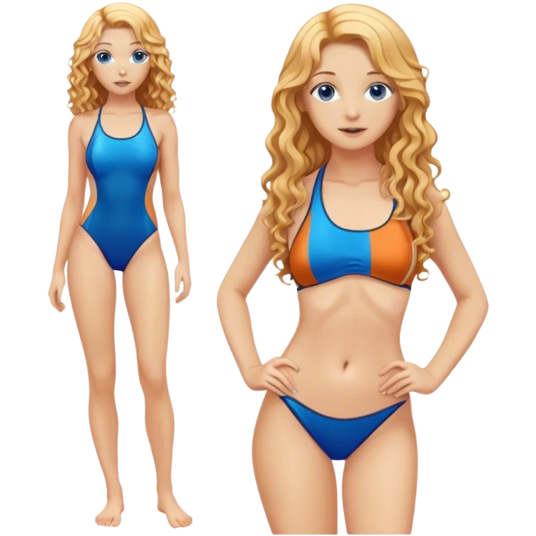 hot woman in blue swimming suit blond skin copper long semi  curly  hair full body  emoji