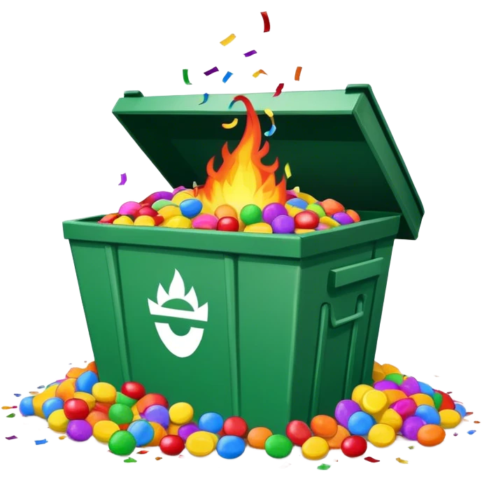 Dumpster fire piñata with confetti and candy emoji