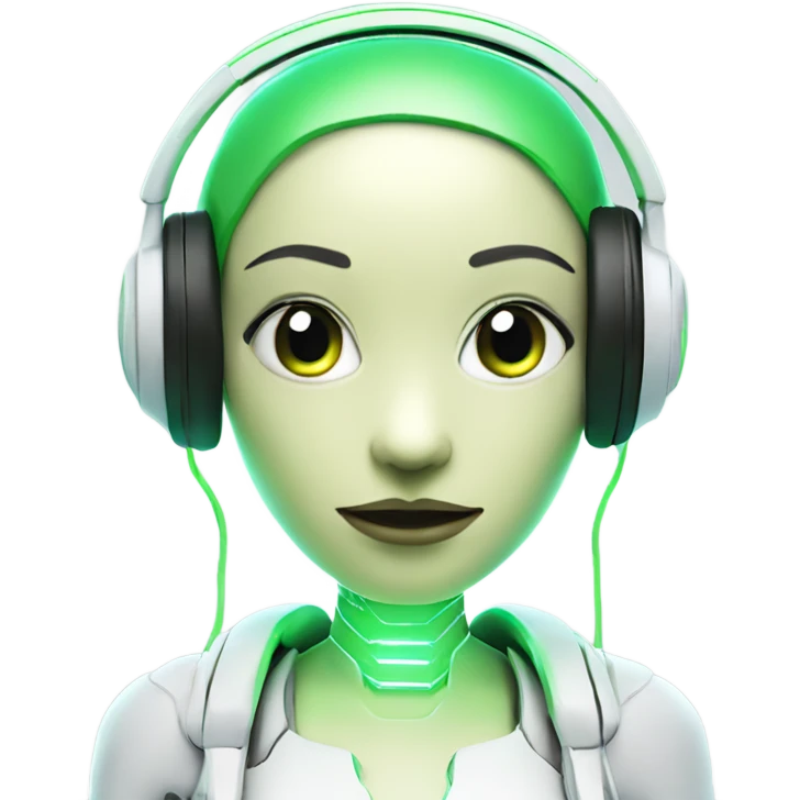 green futuristic bot woman white headphones 3d look glowing effect emoji