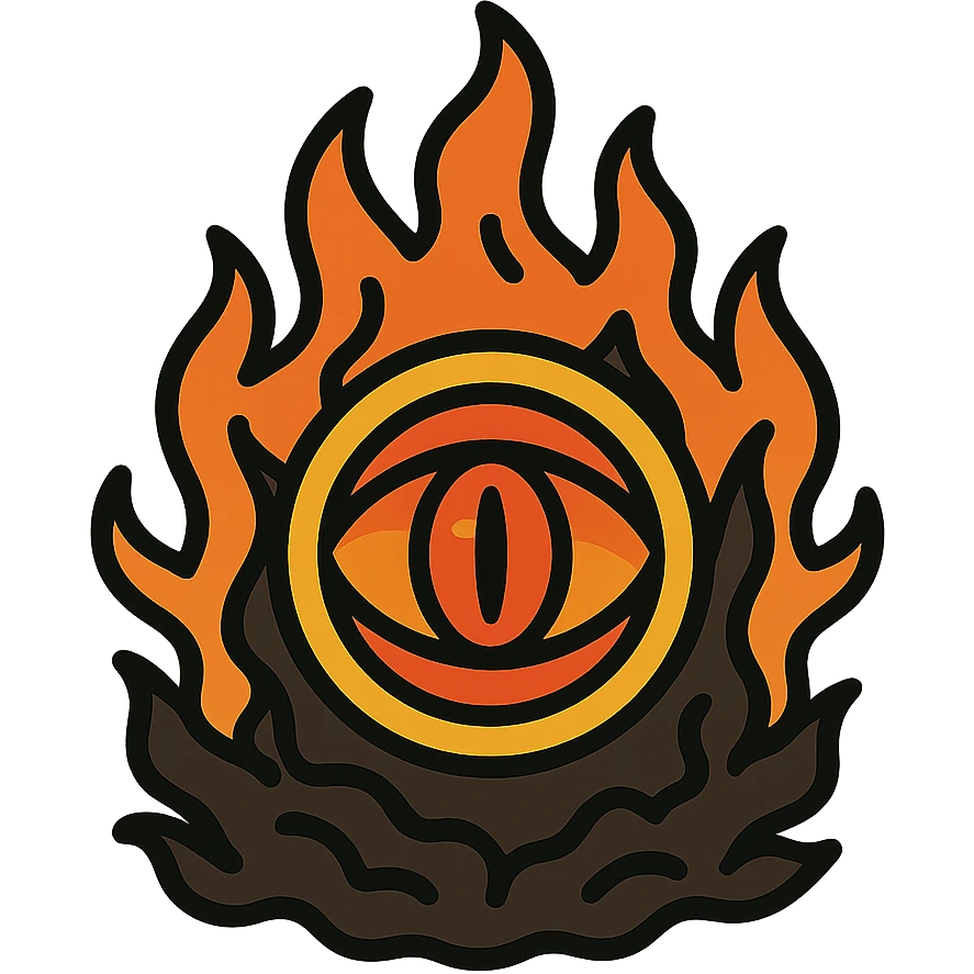Sauron's eye, surrounded by fire and shadow, bold graphic style, vibrant colors emoji