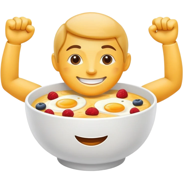 Breakfast bowl with a face on the bowl and arms and legs ready for gym emoji