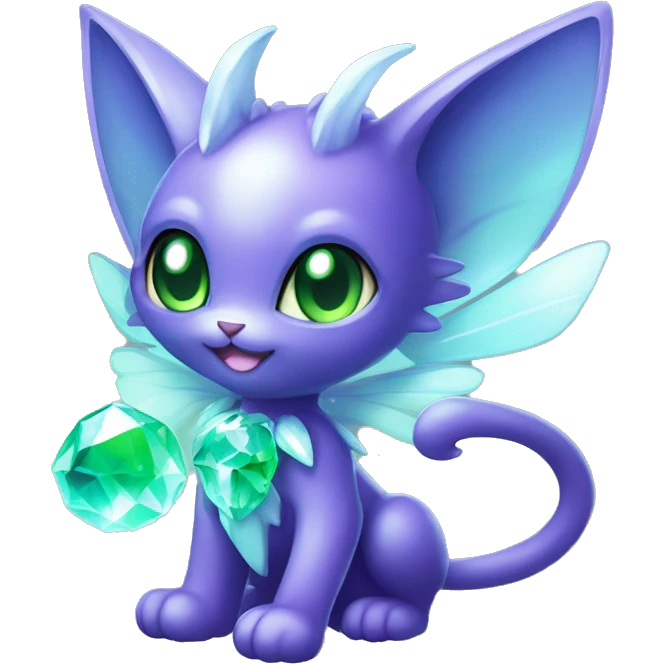 Shiny, Sparkly, Black Dark-type-Fairy-Type-Psychic-Ice-type-Fakémon-Cat Purple eyes, green gem, full body emoji
