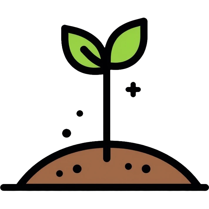 A simple outlined seedling sprouting from soil with small green leaves and a tiny upward graph line, representing the 1% improvement principle emoji