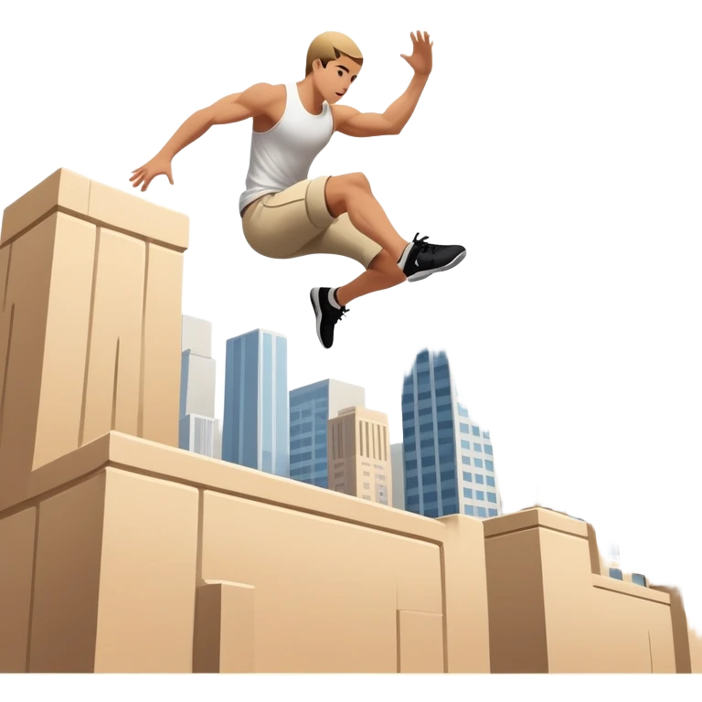 A person performing a parkour move, leaping between buildings or scaling a wall with agility and precision. The scene captures dynamic motion, showcasing strength, flexibility, and the thrill of urban acrobatics against an urban cityscape backdrop. emoji
