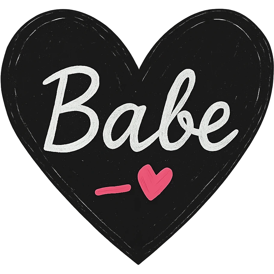 Add a pink accent, such as a small pink heart or underline, to the design. Keep the word 'Babe' in white handwriting across a black heart, hand-drawn style, high contrast, with no background. emoji