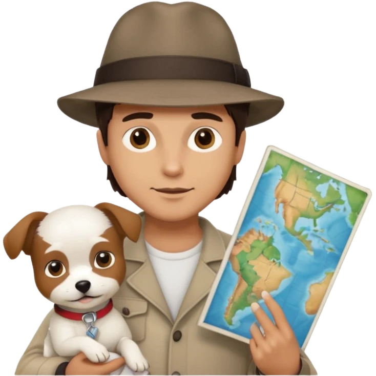 Handsome brunette man with small white dog and a map looking cool emoji