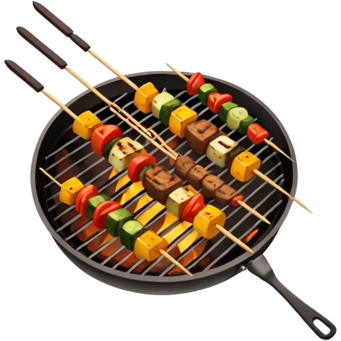 Grilled dishes avatar in bright emoji-style illustration. Skewers, BBQ, and grilled vegetables, warm fire tones, simple shapes, flat design, high contrast, tasty and inviting. emoji