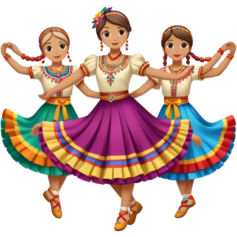 Icon for Folk Dance: close-up traditional dance dress, shoes, colorful folk costumes and a dance circle with ribbons. The icon should represent the vibrant and cultural aspects of folk dancing. Transparent background. emoji