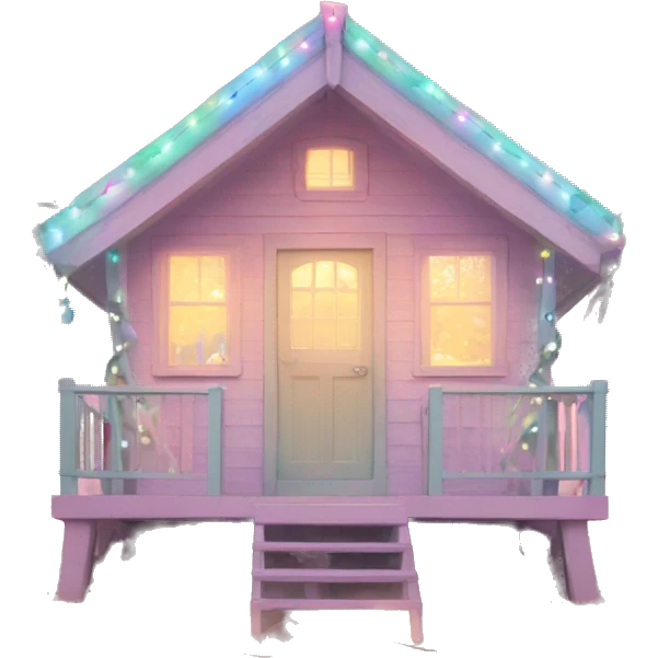Pastel aesthetic beach hut with Christmas lights tree emoji