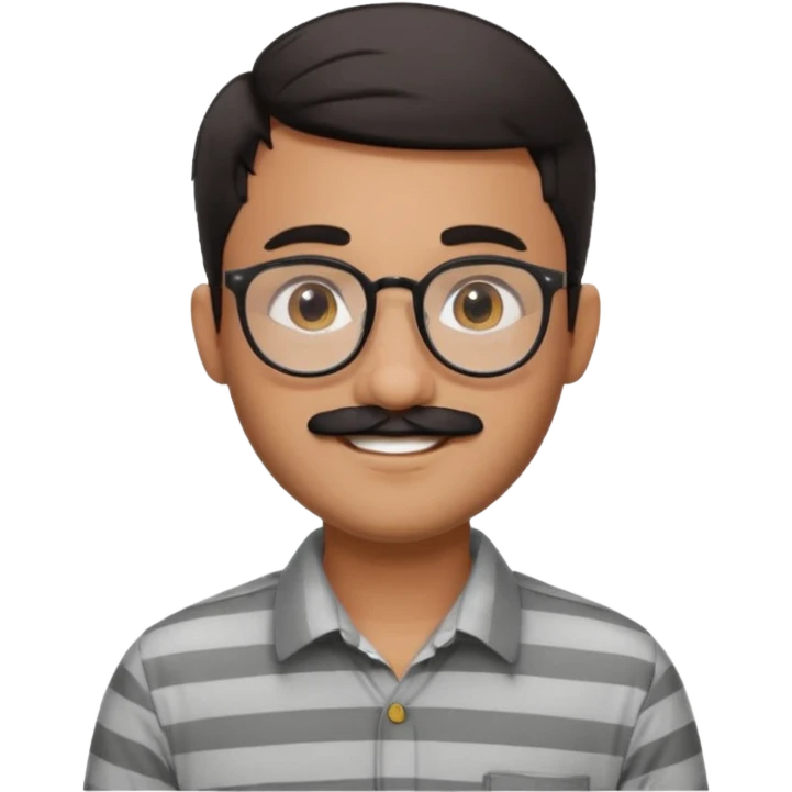 smiling young man with South Asian features, short dark hair, round glasses, thick black mustache, light grey striped collared shirt, cheerful, friendly and approachable, Apple emoji style, no background emoji