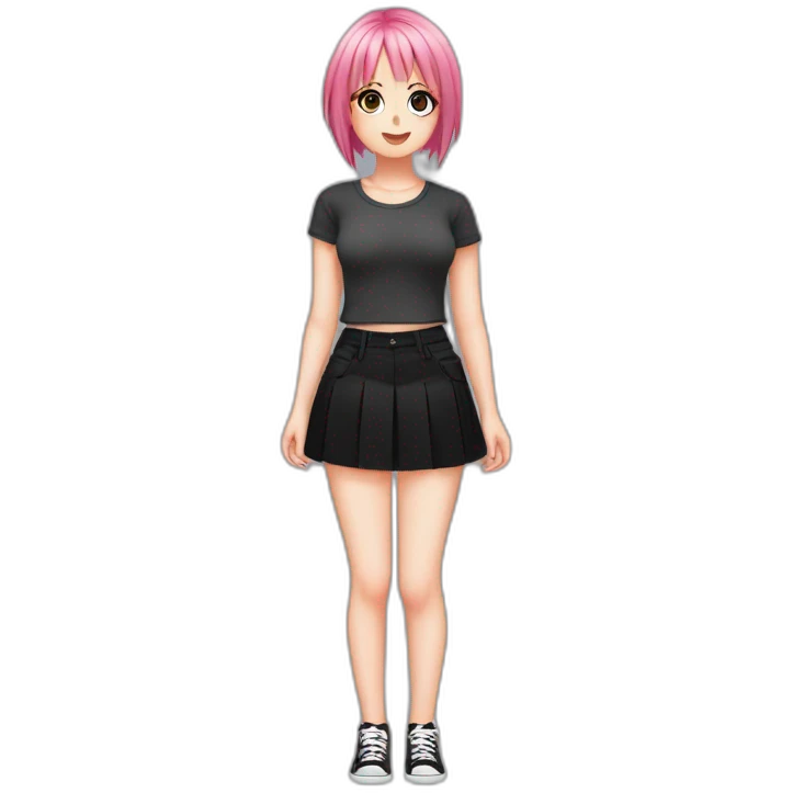 Full body Front view curvy emo girl pink hair sits on the floor straight view hands up black skirt белые трусики рваные полосатые чулки emoji