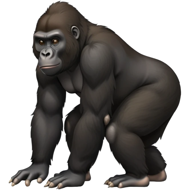 cinematic-friendly relaxed young gorilla-realistic-full-body-crouched on all fours on knuckles-emoji,-poised-with-confidence,-massive-arms-hanging-slightly-forward,-head-tilted-thoughtfully,-thick-black-fur, friendly ,-simplified-yet-realistic emoji