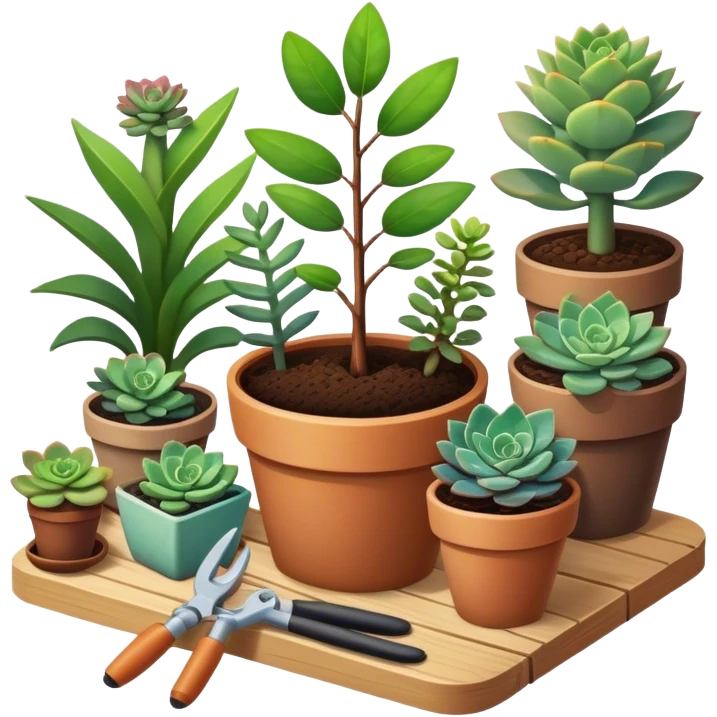 Close-up of a potted sapling in rich soil surrounded by vibrant plants and succulents. Bright sunlight filters through the window, casting soft shadows. Nearby gardening tools rest on a wooden table. Cozy indoor atmosphere with greenery and flowers. emoji