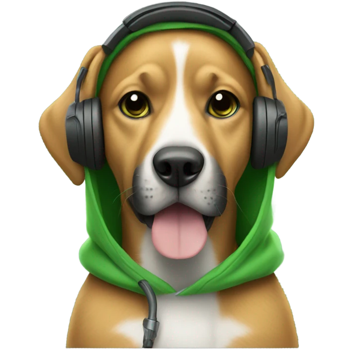 Dog wearing black headphones and a green hoodie emoji