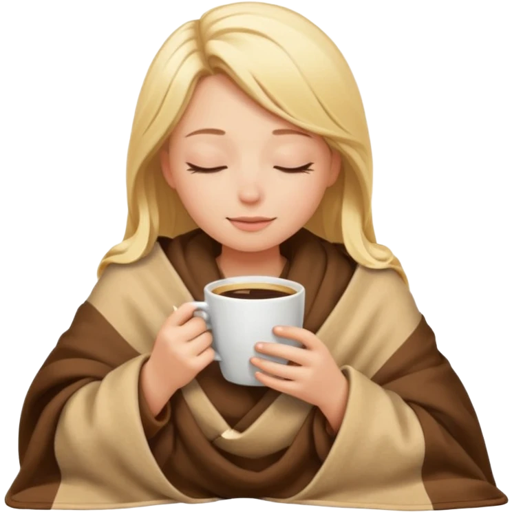 blonde girl inside a blanket, enjoying coffee, eyes closed, relaxed mood, emoji style emoji
