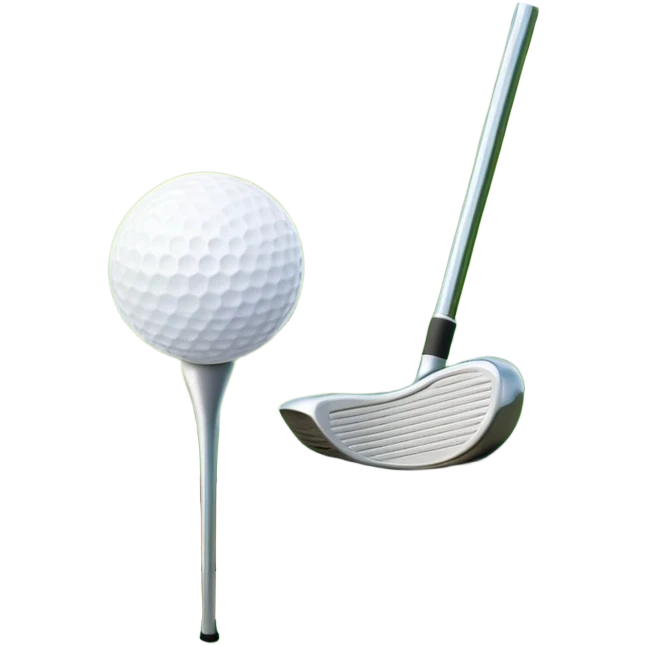 A golf ball on a tee with a golf club placed beside it, set against the backdrop of a well-manicured green golf course. The scene emphasizes the equipment and serene atmosphere of the sport, with soft lighting and a peaceful, open landscape emoji