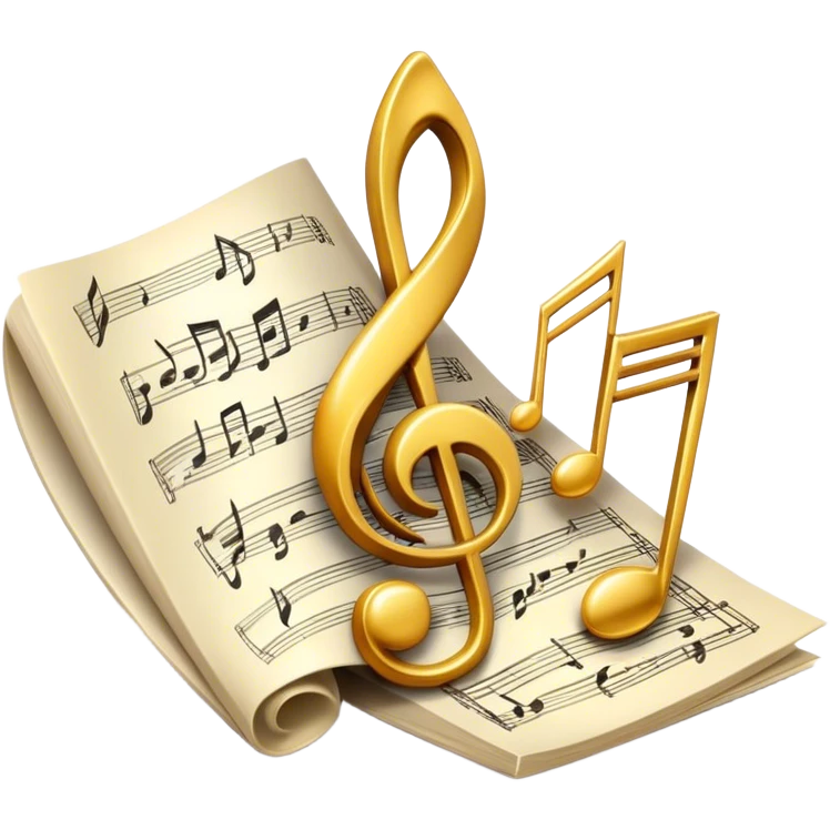 Create a bright and artistic emoji that represents music composition. The design should feature musical notes, a pencil or quill, and a sheet of music, symbolizing the creative process of composing a song. Add a touch of elegance with flowing lines to represent melody and rhythm. Use gold or silver tones for sophistication, and incorporate a mix of vibrant colors to convey creativity. The background should be transparent. emoji