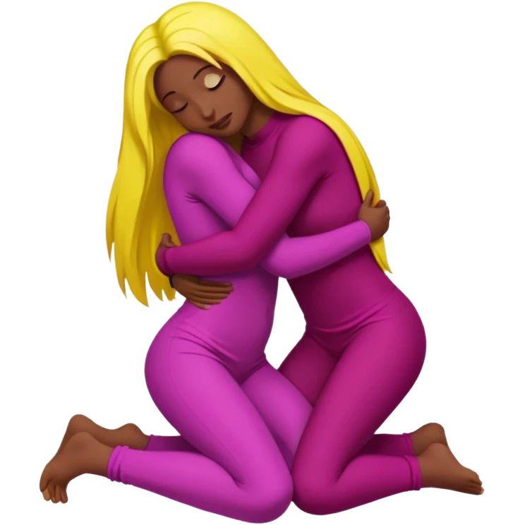 One figure is dark magenta and is kneeling.
	•	The other figure is yellow with long hair and is being held, with their arms around the magenta figure’s neck.
	•	The yellow figure’s legs wrap around the magenta figure’s waist, suggesting a close, intimate embrace. emoji