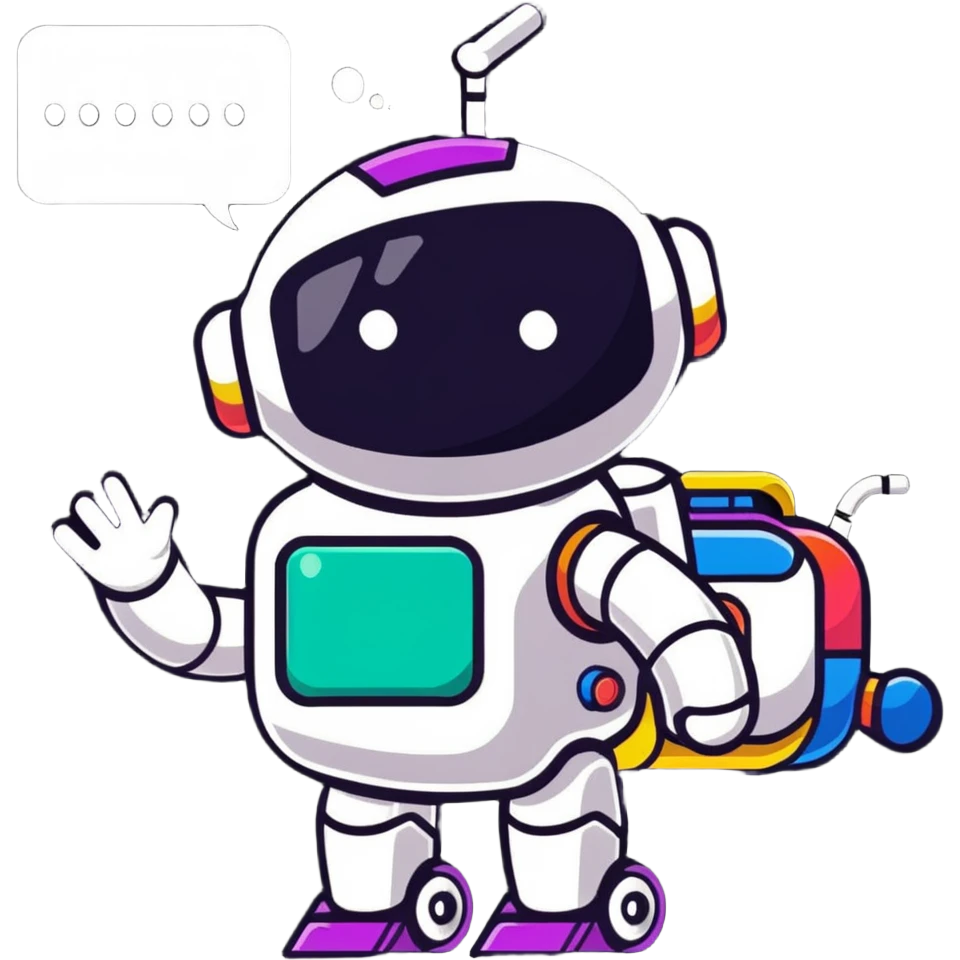 NLP sticker with robot analyzing text and language patterns, colorful speech bubbles emoji