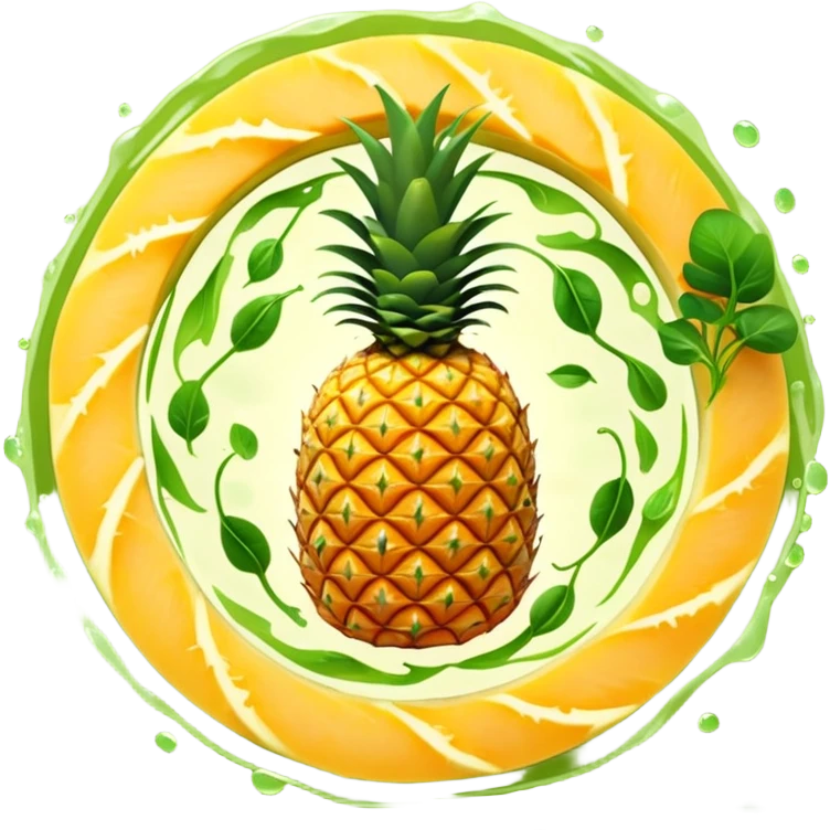 Golden pineapple slices, translucent papaya pieces, and green sprouts floating in a gentle spiral around a luminous stomach, with flowing light lines swirling like whirlpools, representing light, clean, and vibrant digestion. The foods emit a soft glow showing their enzymatic properties. emoji