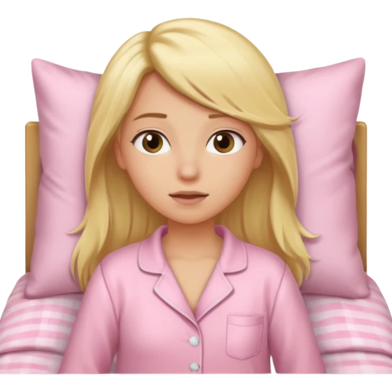A girl in a light pink pajama wakes up in bed, her hair long, blonde, and straight. emoji