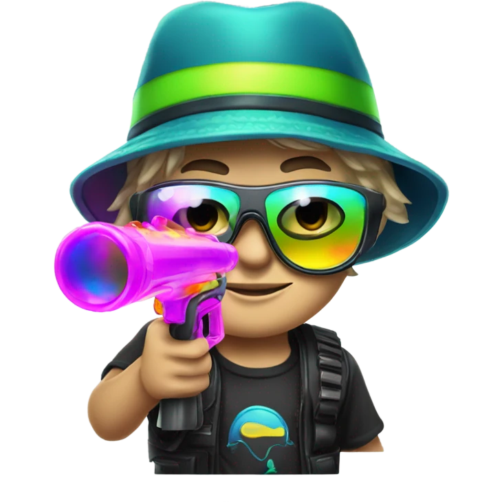 Caucasian boy in glowing rave gear with sunglasses and mask and hat and shooting a bubble gun emoji