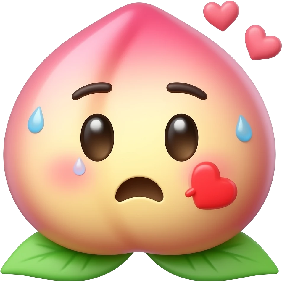 A glossy 3D peach emoji sticker with a cheeky shocked face, red slap mark, sweat drops, tiny hearts, playful forbidden fruit humor, Apple emoji inspired style, clean transparent background, soft shadow, high quality, no text, no watermark, non-explicit emoji