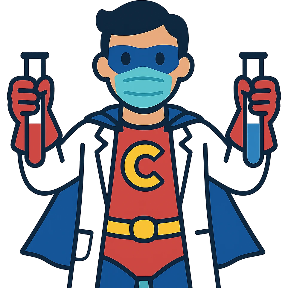 flat toon style chemistry superhero wearing a mask holding test tubes with bold colors emoji