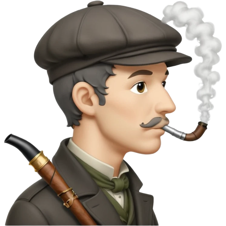 A side view of Sherlock Holmes wearing a deerstalker hat with a curved meerschaum pipe held to his lips emoji