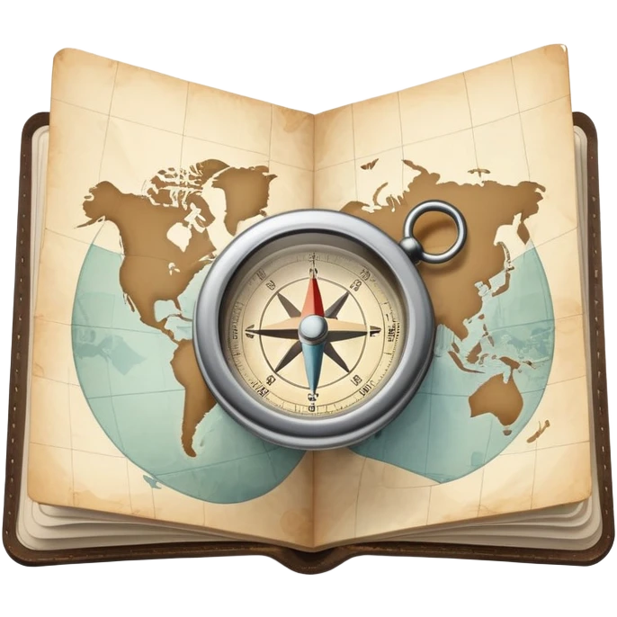 Folded travel map and compass with muted colors, not vibrant emoji