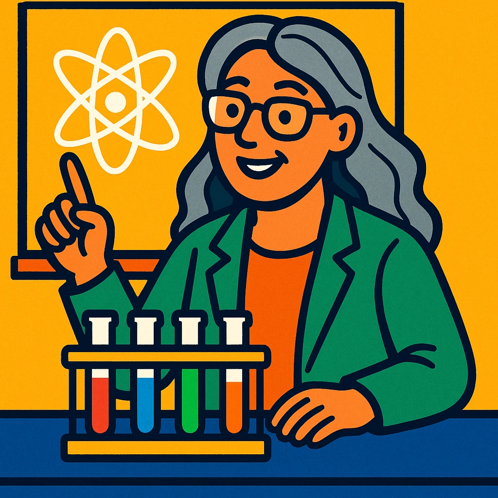 woman science teacher with long graying hair, at a lab table with test tubes, in vibrant toon style emoji