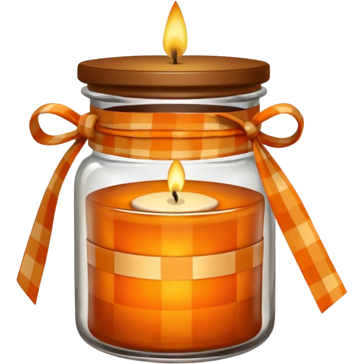 Brown jar with an orange checkered ribbon and candle in it emoji