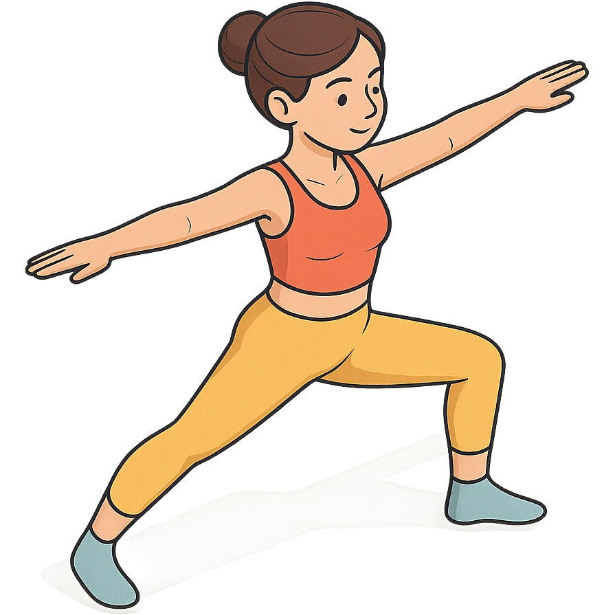 girl in cute yoga outfit performing warrior II pose (Virabhadrasana II), 2D isometric style, very detailed facial features, elongated body, many shadows and highlights, clean contours, soft lighting, transparent background emoji