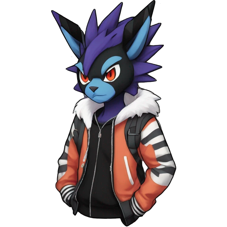 Cool Anthro Black Noivern-Absol-Litten-Pokémon with edgy stripes hoodie spiked collar punk Full Body emoji