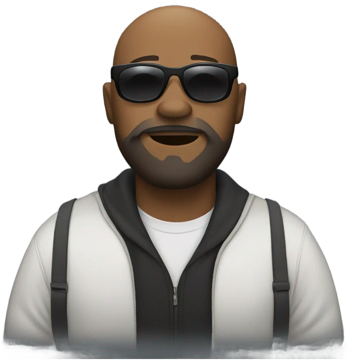 A bald, Black man with a beard, dark sunglasses, and goatee gives a kiss. emoji