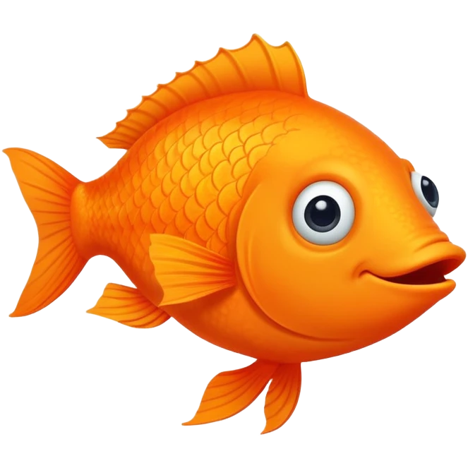 ridiculously derpy bright orange fish with wonky eye and goofy smile with drool, super friendly but extremely stupid looking, perfect flat side profile facing right, exactly 90 degrees, one eye visible emoji