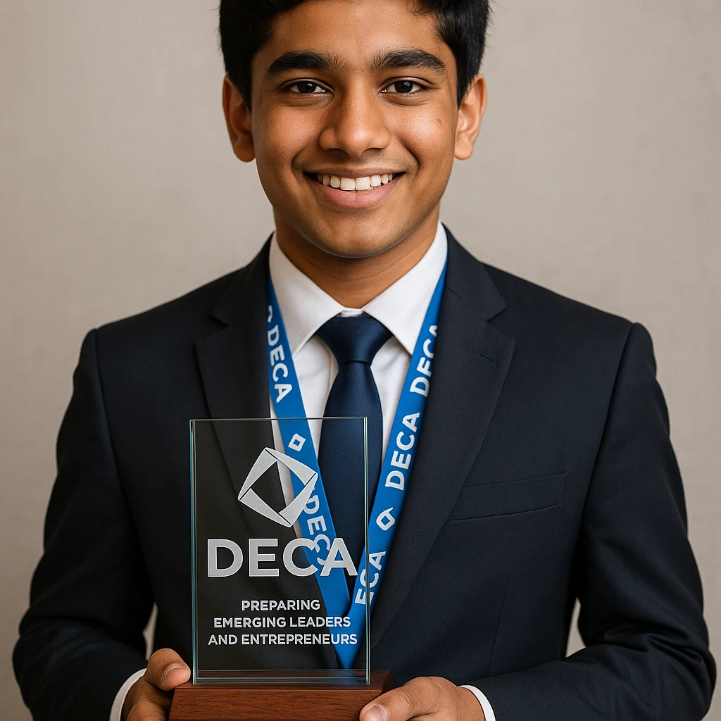 Portrait of an Indian teenage boy in a suit, proudly holding the official DECA glass trophy: a rectangular glass top on a wood base, with the DECA logo and etching clearly visible. The boy is wearing a DECA lanyard and smiling confidently. emoji