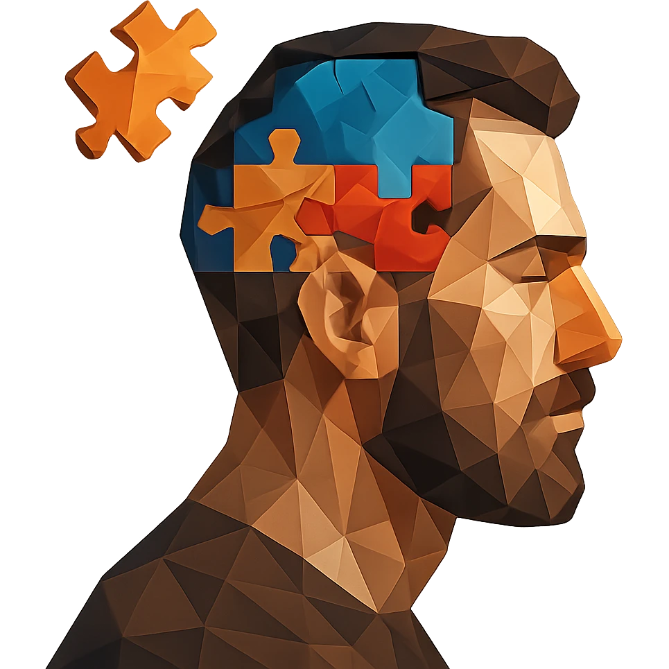 A man's head as a mosaic puzzle, with pieces fitting into his head emoji
