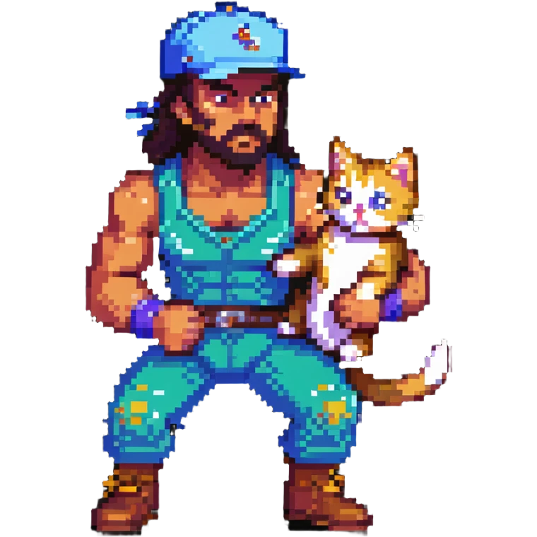 Razor Ramon from Sega WWF Mania video game defeating a cat wearing a cap, 16-bit style emoji