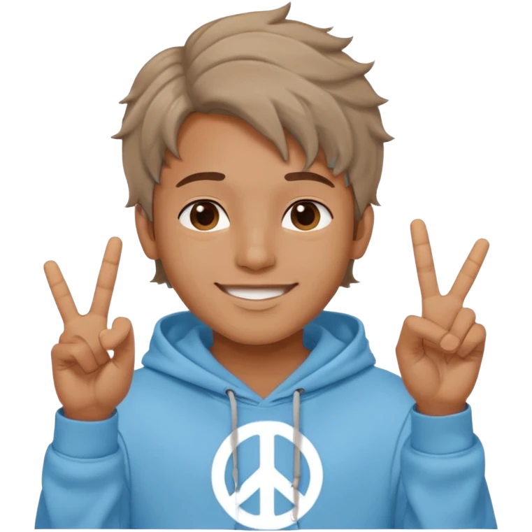An indian boy in a light blue hoodie with wavy flow hairstyle showing peace sign emoji